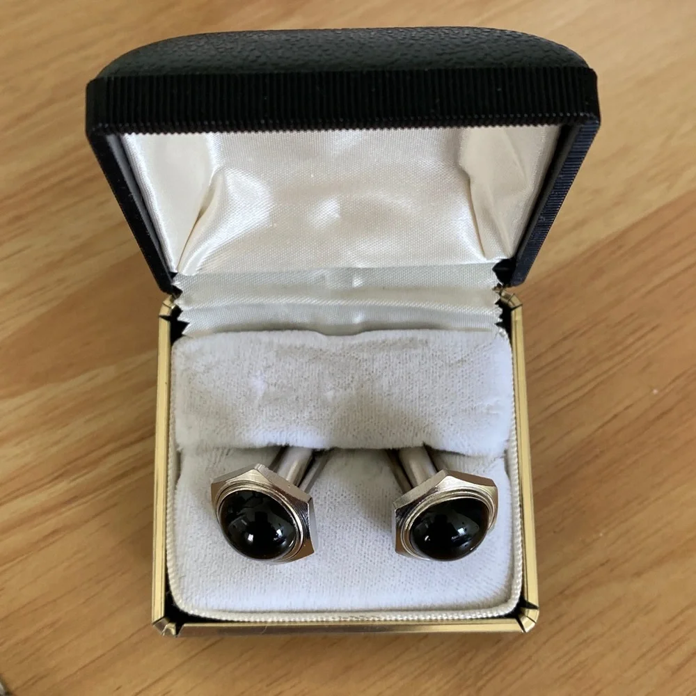 Silvertone Black Cufflinks and Shirt Stud Set